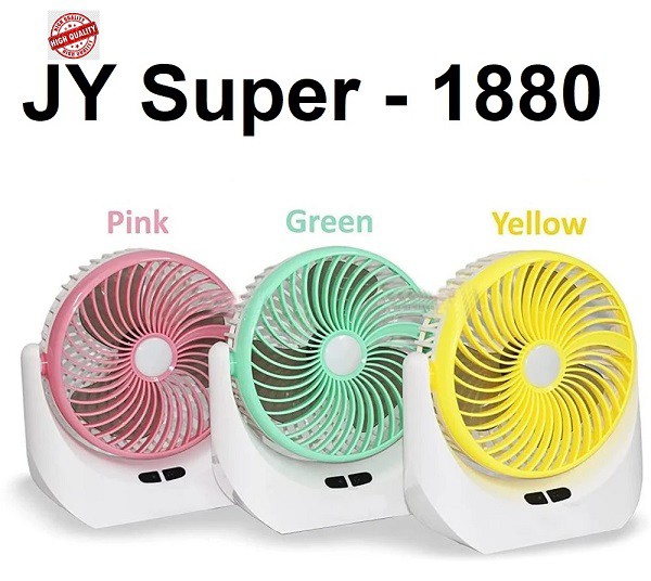 JY SUPER 1880 (RECHARGEABLE PORTABLE USB FAN) With LED Light, 2400mAh Battery 1400 mm Silent Operation 3 Blade Table Fan