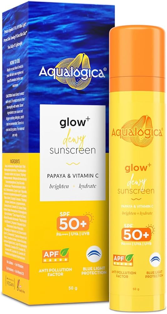 Aqualogica All Glow+ Dewy Sunscreen Gel With Papaya & Vitamin C 50gm | Broad Spectrum Spf 50+ Pa++++|Uva & Blue Light Protection|Anti-Pollution Factor (Apf)|Brightens SkinIFragrance-Free & No White Ca
