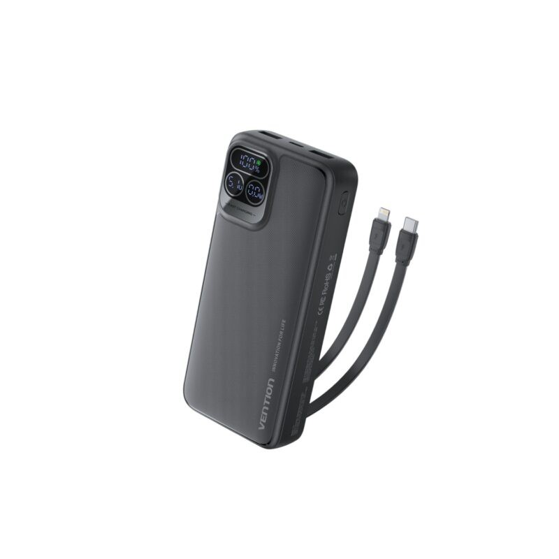 VENTION I15BB-V2 20000mAh 22.5W Power Bank with Built-in USB-C & Lightning Cables – Black