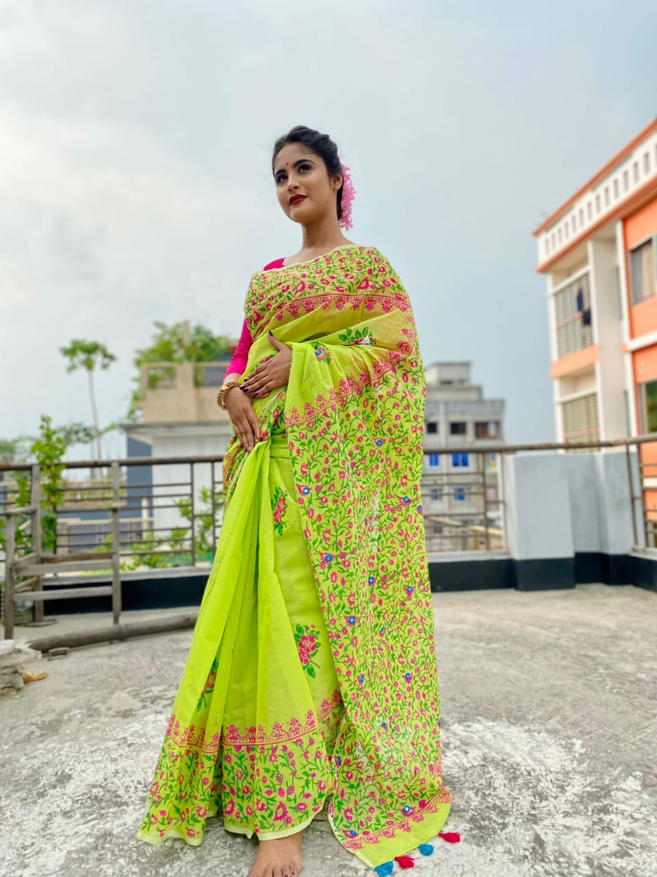 Yellow Half Silk Block Print Saree with Blouse Piece