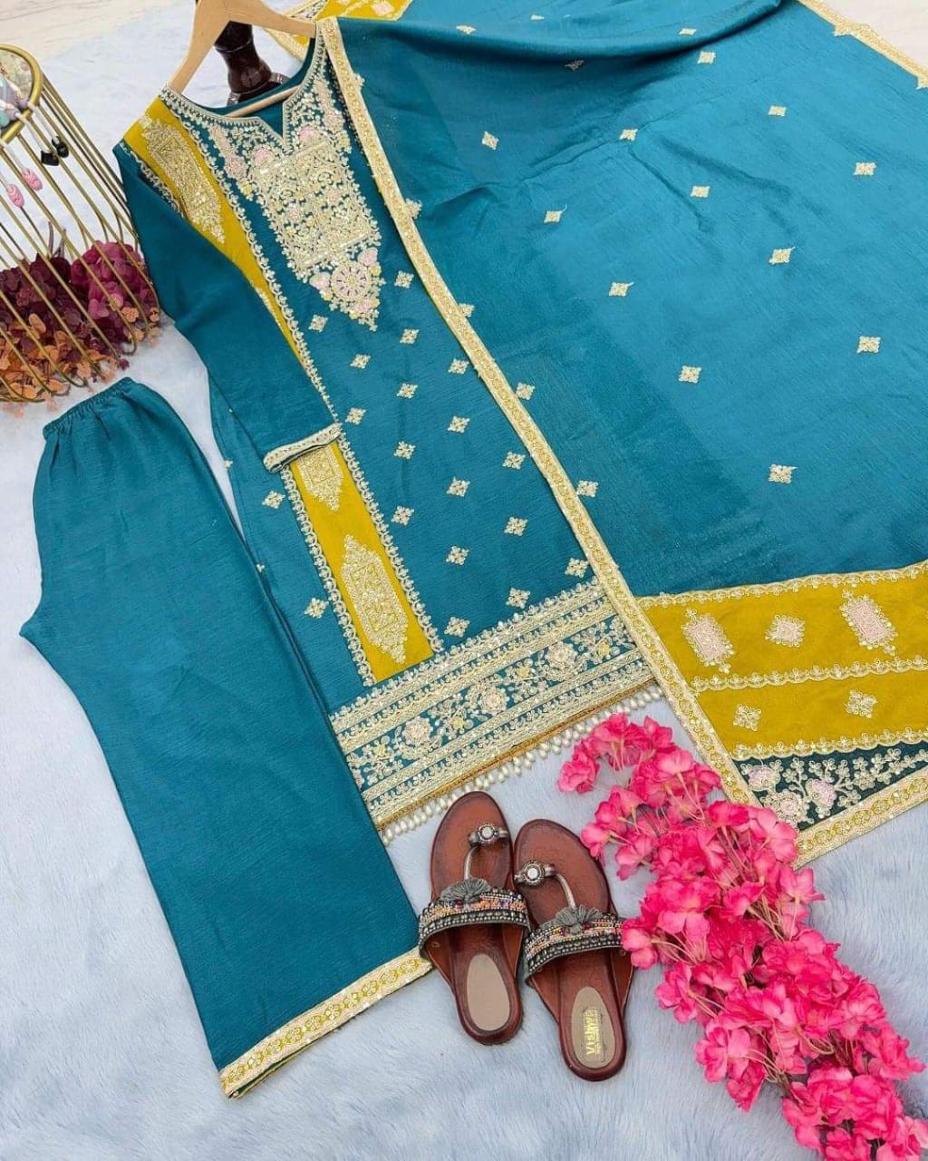 Indian moslin silk jorjet ambrodari work 3 pis