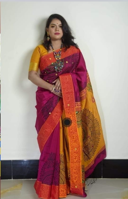 Handprint half silk saree