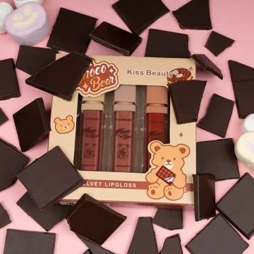 Kiss Beauty Choco Bear 3 in 1 Velvet Lip Gloss 3pcs set