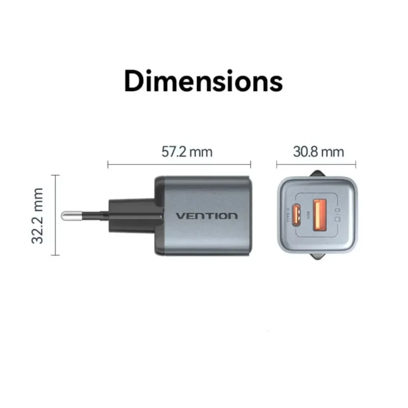 Vention 2-Port GaN Charger 30W USB-C + 18W USB-A, EU Plug