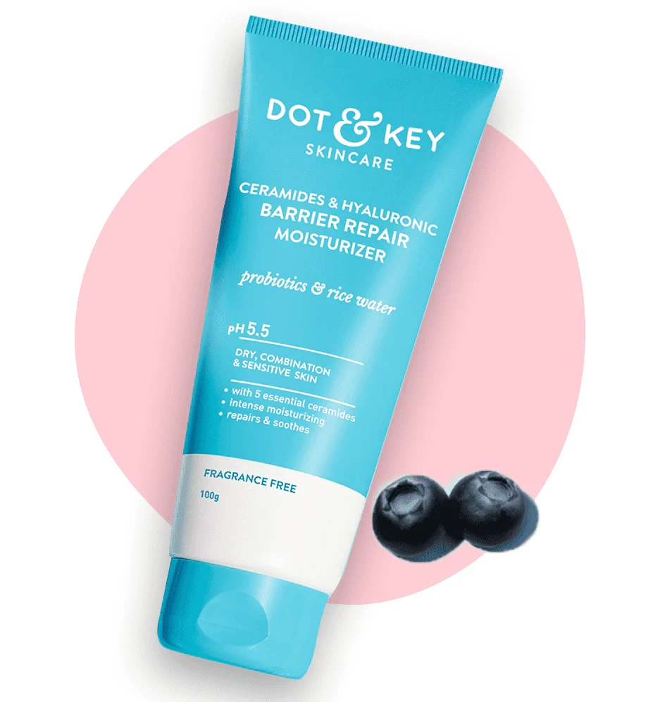 Dot & Key Blueberry Hydrate Barrier Repair Sunscreen 80gm SPF50+ PA++++ | For Dry & Sensitive Skin | Non - Greasy Finish | No White Cast | UV & Blue Light Protection | Broad Spectrum