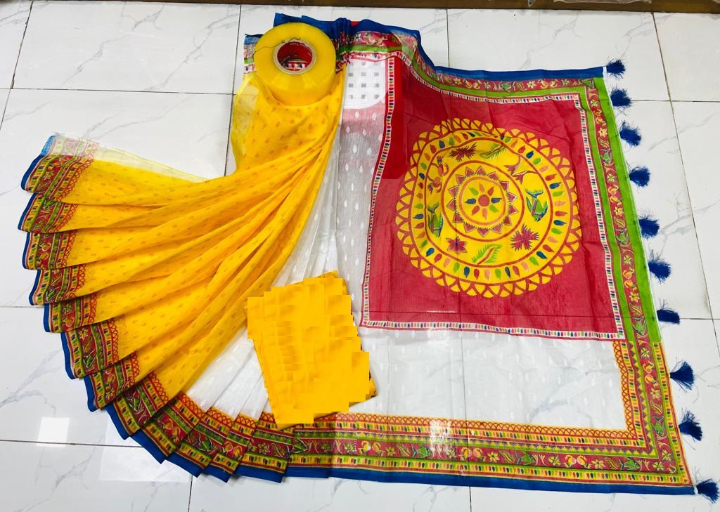 Expensive skin print work on half-silk sarees Only sarees will be available