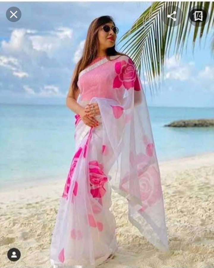 Pink Color Handprint  work on half-silk sarees
