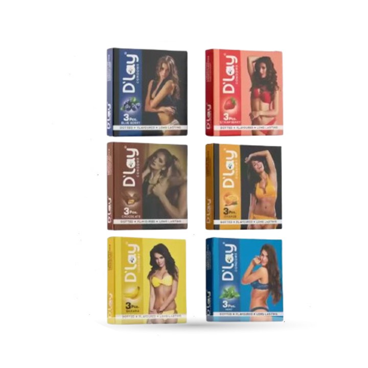 D’lay Condoms for Men 3pcs x 2 Pack Dotted Long Lasting Condom | Chocolate, Strawberry, Banana, Mint, Blueberry, Orange Flavor (Product of INDIA)