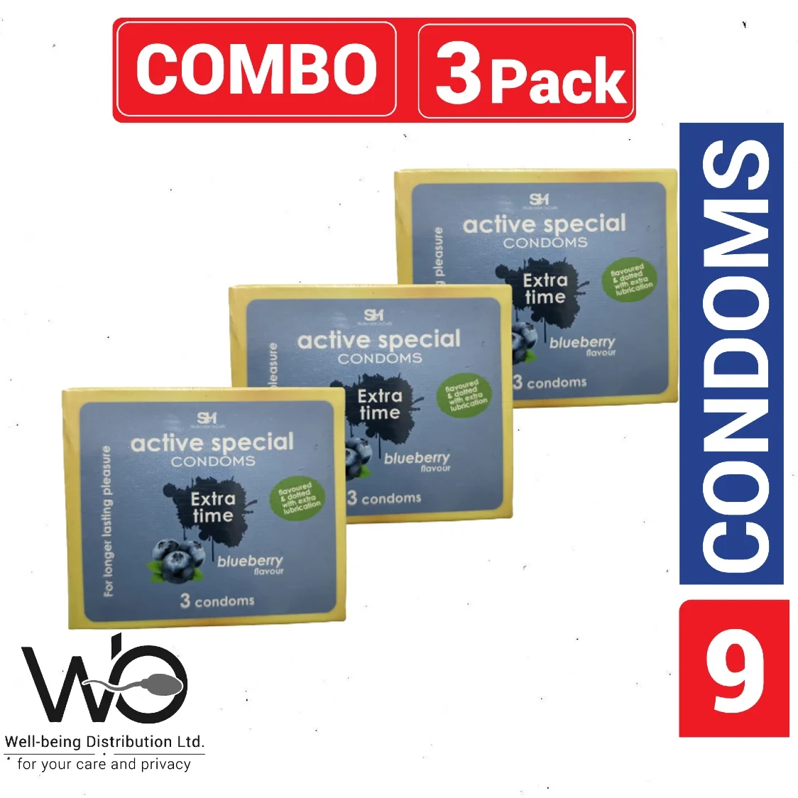 Active Condoms – Bubblegum Flavor Long Lasting Dotted Extra Time Condom – 3 Pack Combo – 3×3=9pcs Condom (Made in India)