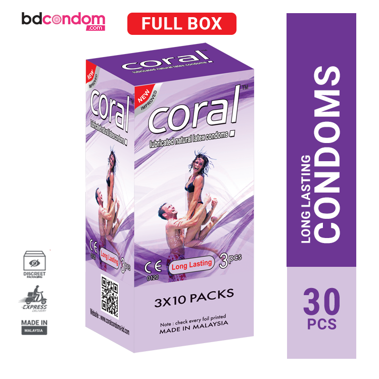 Coral Long Lasting Lubricated Natural Latex Condom Full Box 3×10=30pcs