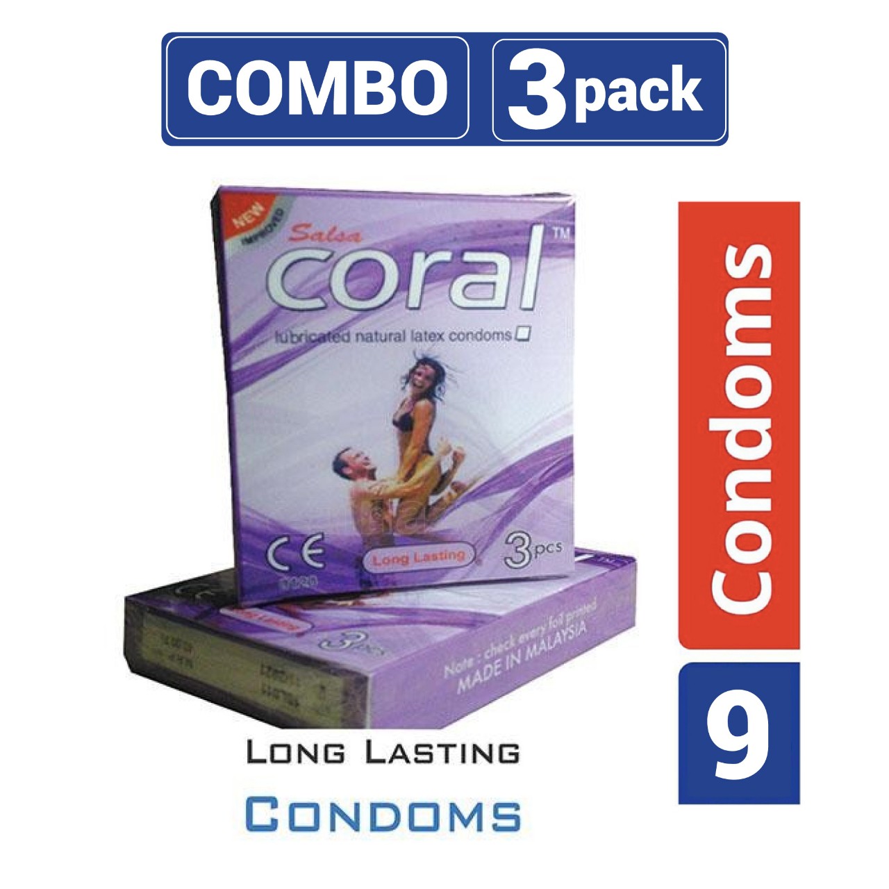 Coral – Long Lasting Lubricated Natural Latex Condom – Combo Pack – 3 Packs – 3×3 – 9pcs